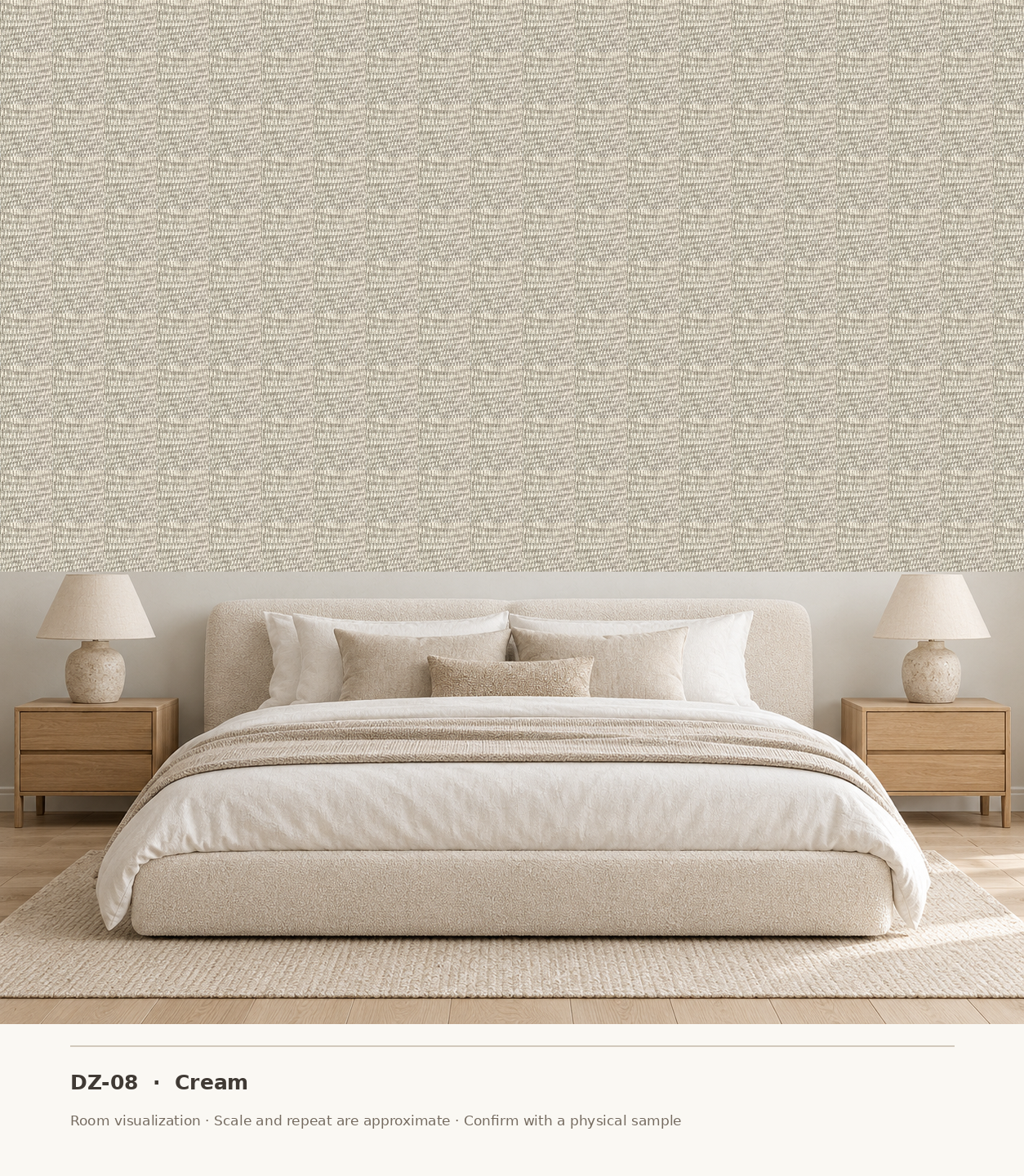 DZ-08 Cream original swatch pixels in a conceptual bedroom room layout
