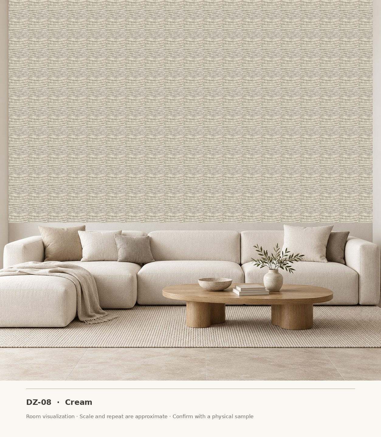 DZ-08 Cream original swatch pixels in a conceptual living room layout