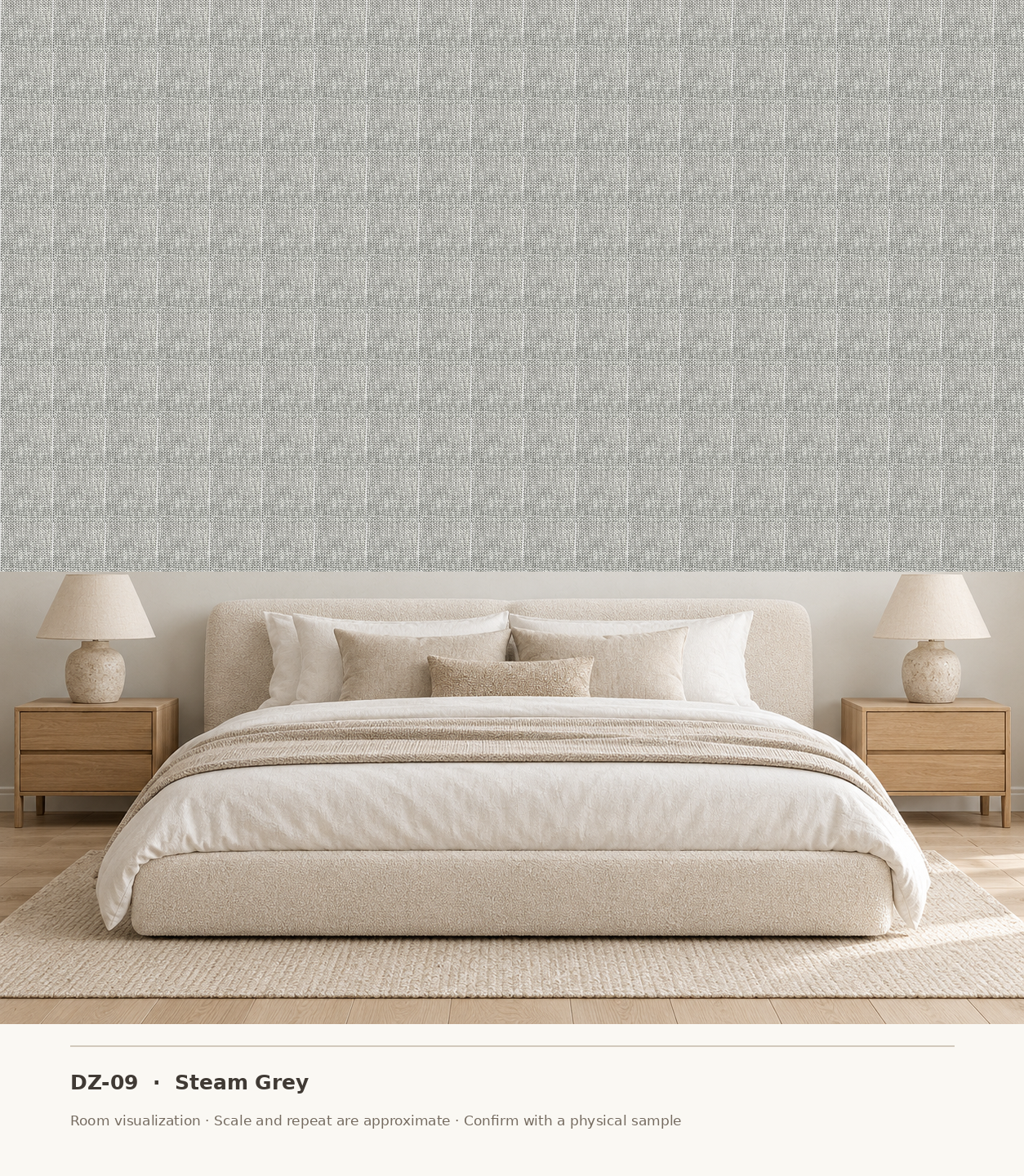 DZ-09 Steam Grey original swatch pixels in a conceptual bedroom room layout