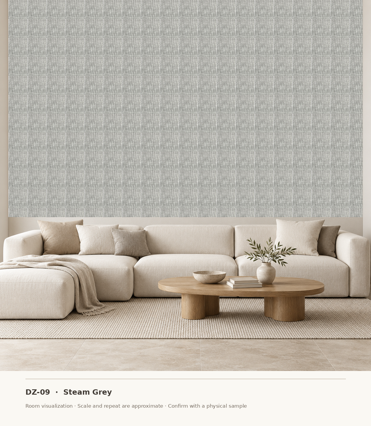 DZ-09 Steam Grey original swatch pixels in a conceptual living room layout