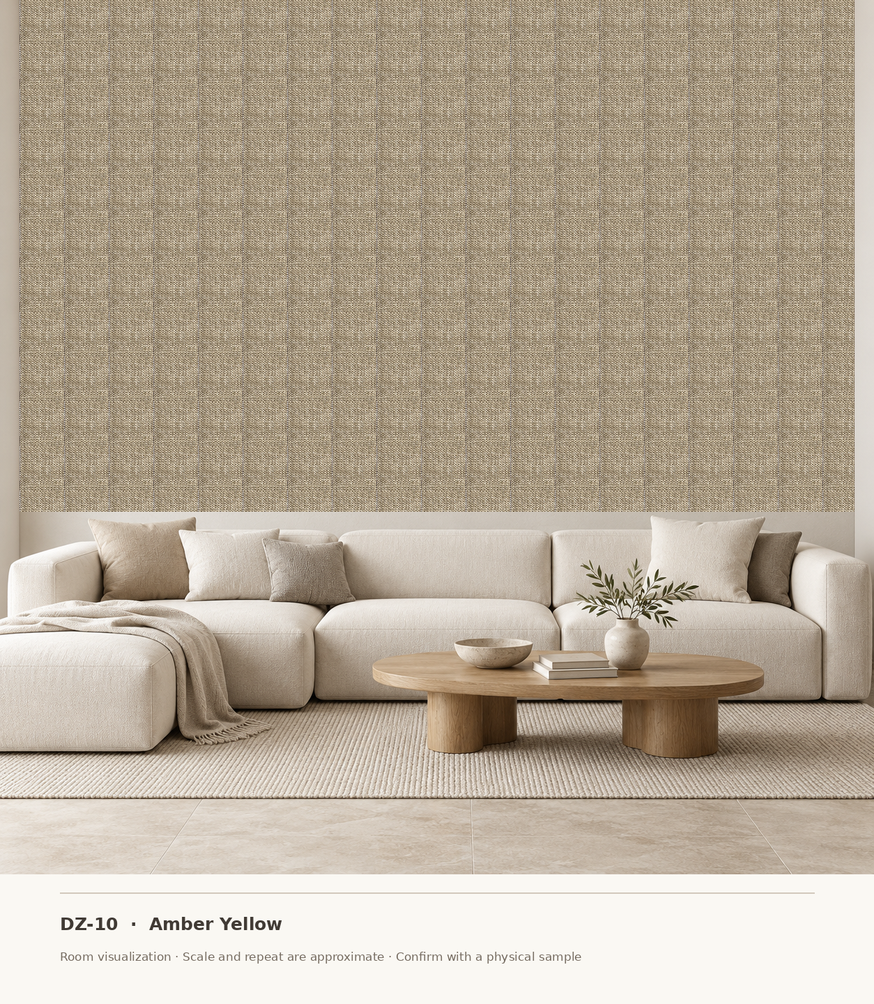DZ-10 Amber Yellow original swatch pixels in a conceptual living room layout