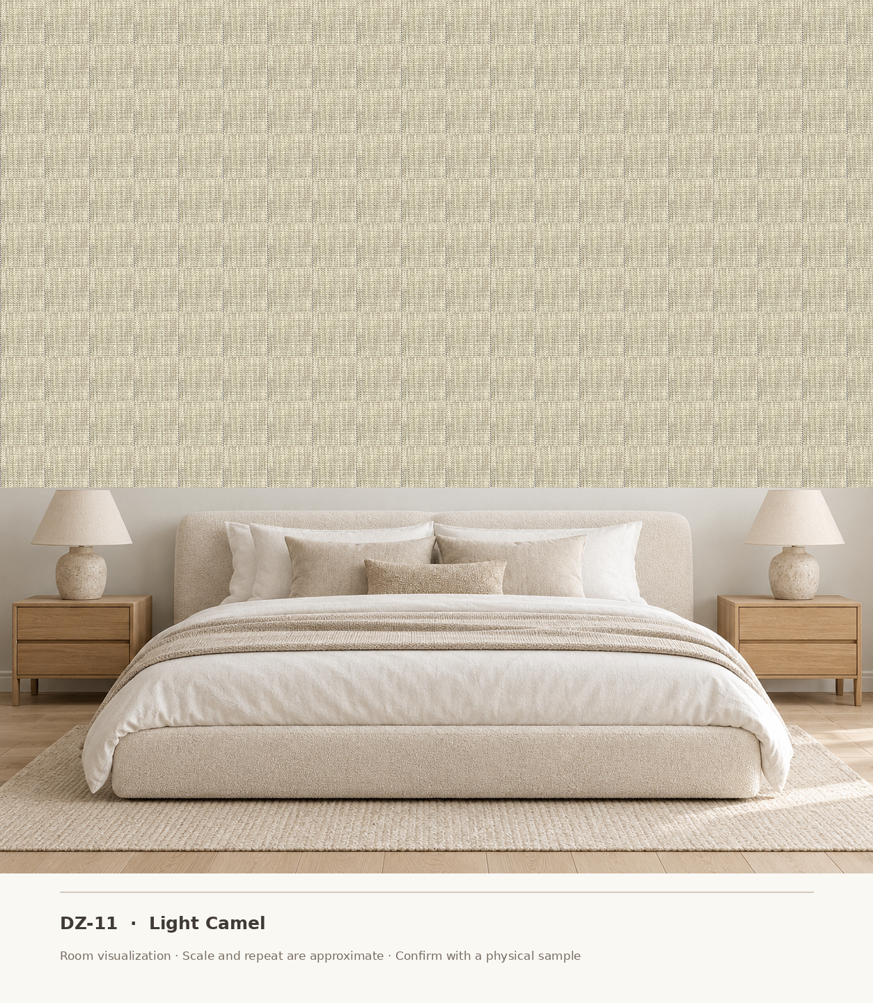 DZ-11 Light Camel original swatch pixels in a conceptual bedroom room layout