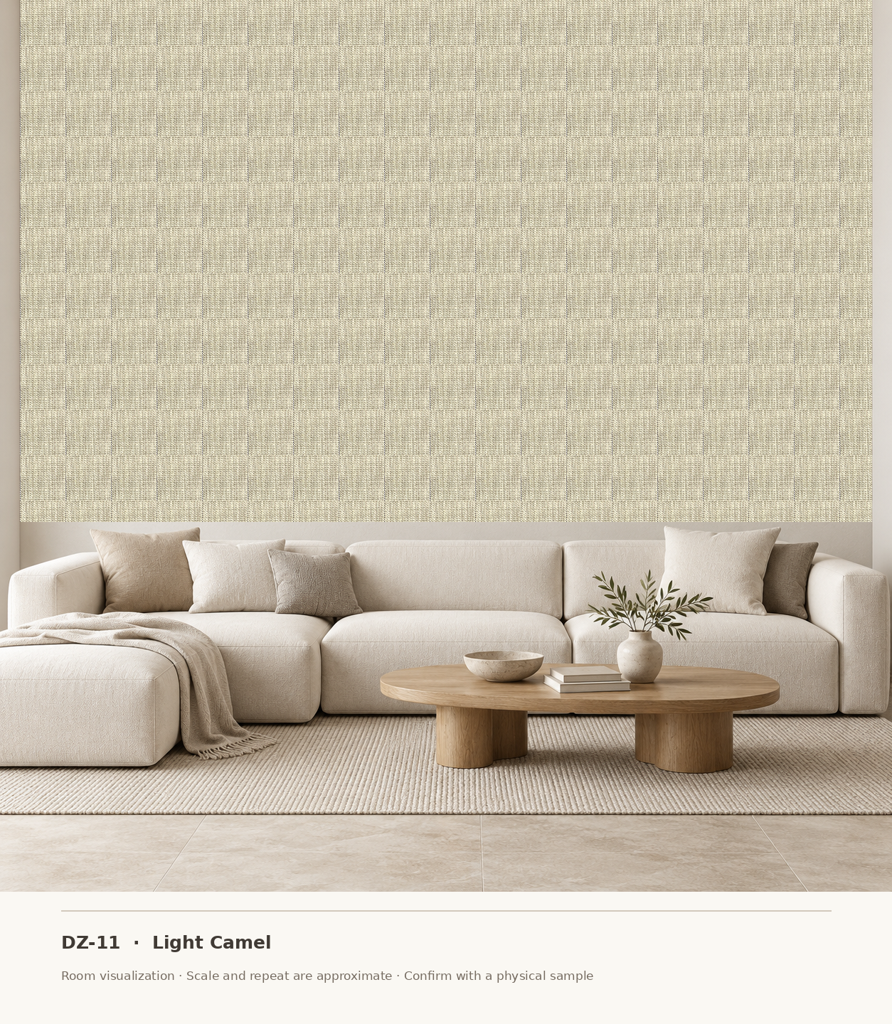 DZ-11 Light Camel original swatch pixels in a conceptual living room layout
