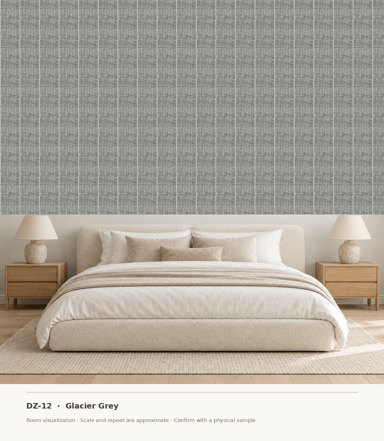 DZ-12 Glacier Grey original swatch pixels in a conceptual bedroom room layout