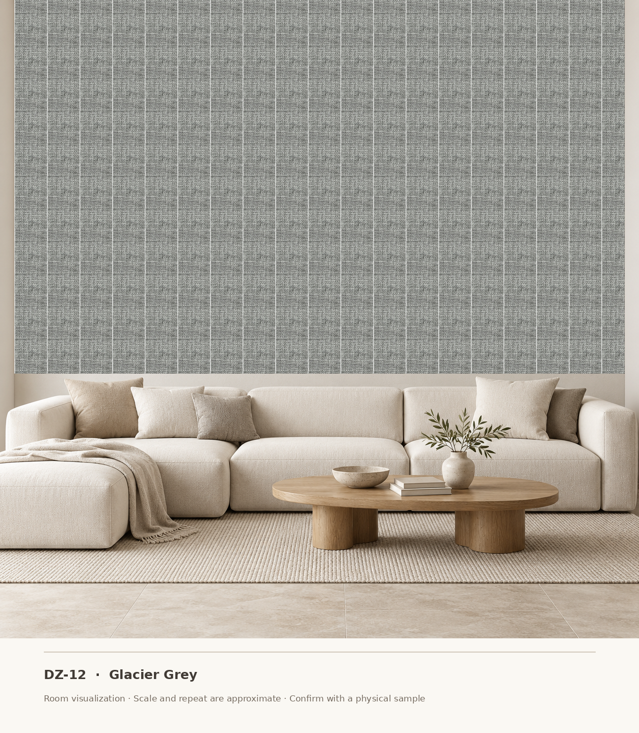 DZ-12 Glacier Grey original swatch pixels in a conceptual living room layout