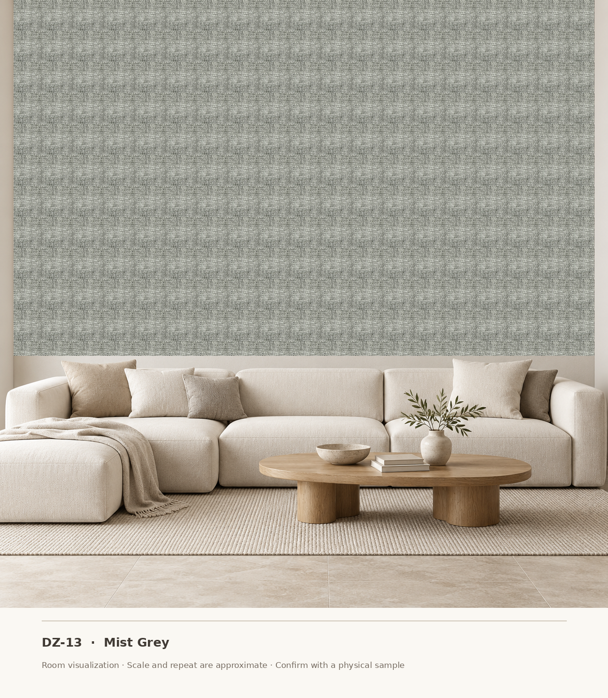 DZ-13 Mist Grey original swatch pixels in a conceptual living room layout