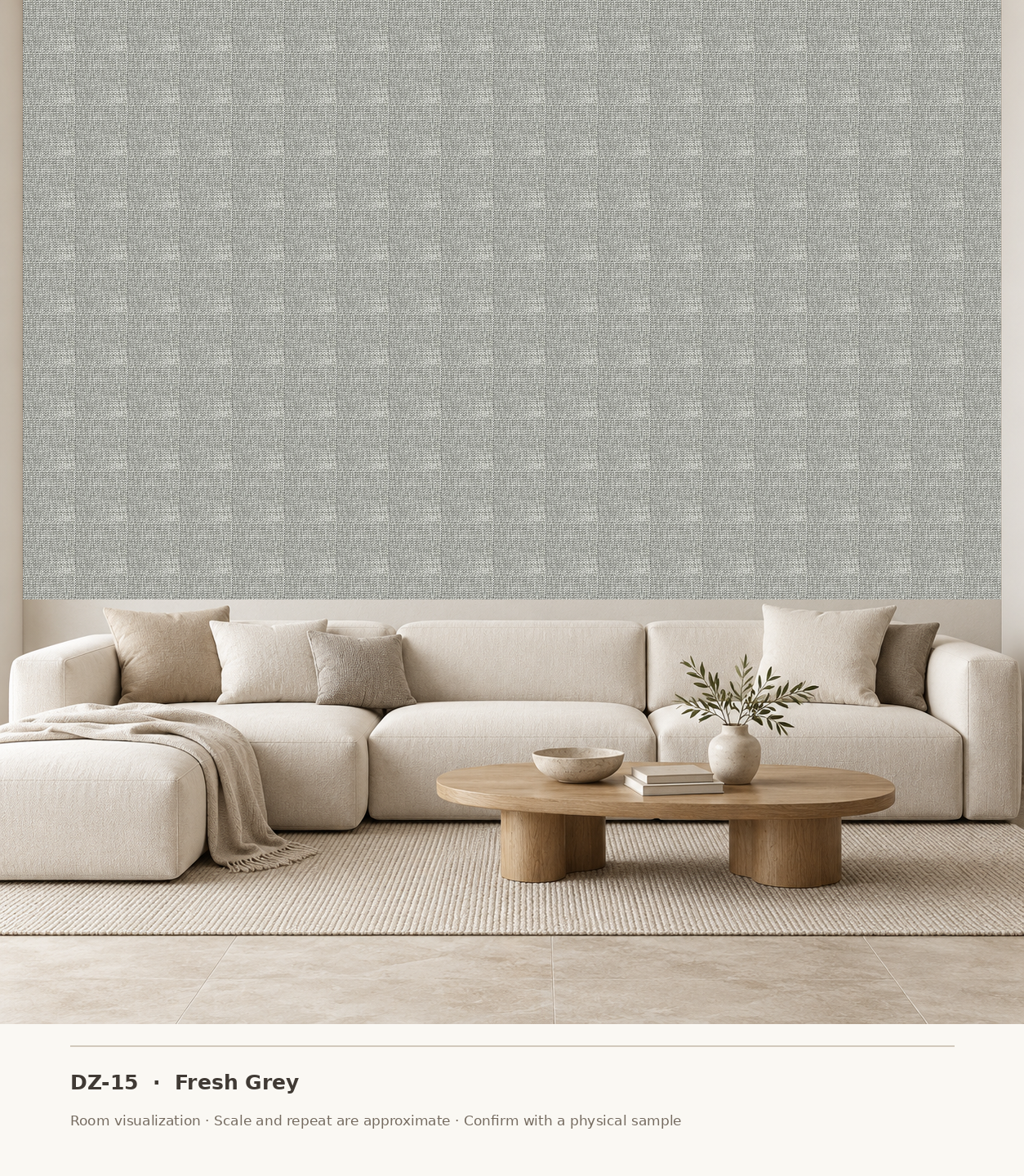 DZ-15 Fresh Grey original swatch pixels in a conceptual living room layout