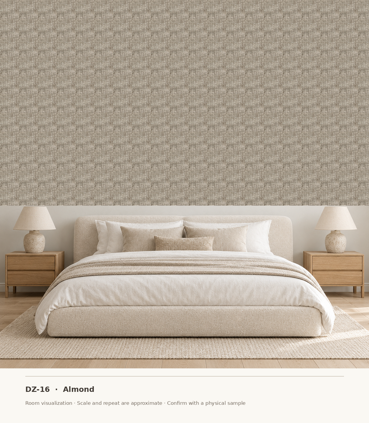 DZ-16 Almond original swatch pixels in a conceptual bedroom room layout