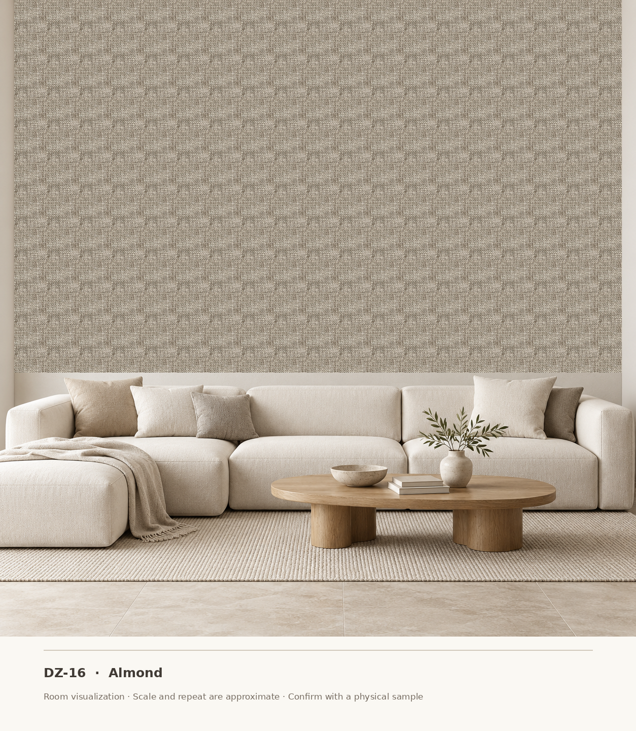 DZ-16 Almond original swatch pixels in a conceptual living room layout