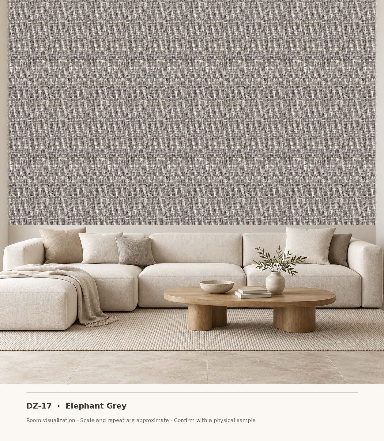DZ-17 Elephant Grey original swatch pixels in a conceptual living room layout