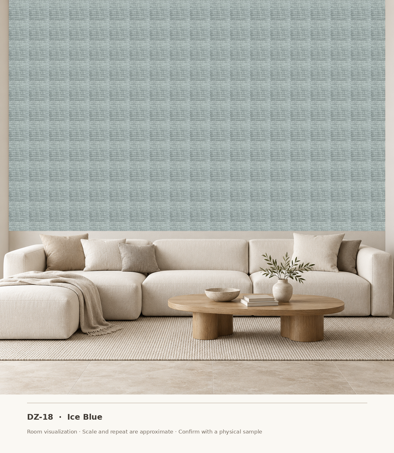 DZ-18 Ice Blue original swatch pixels in a conceptual living room layout