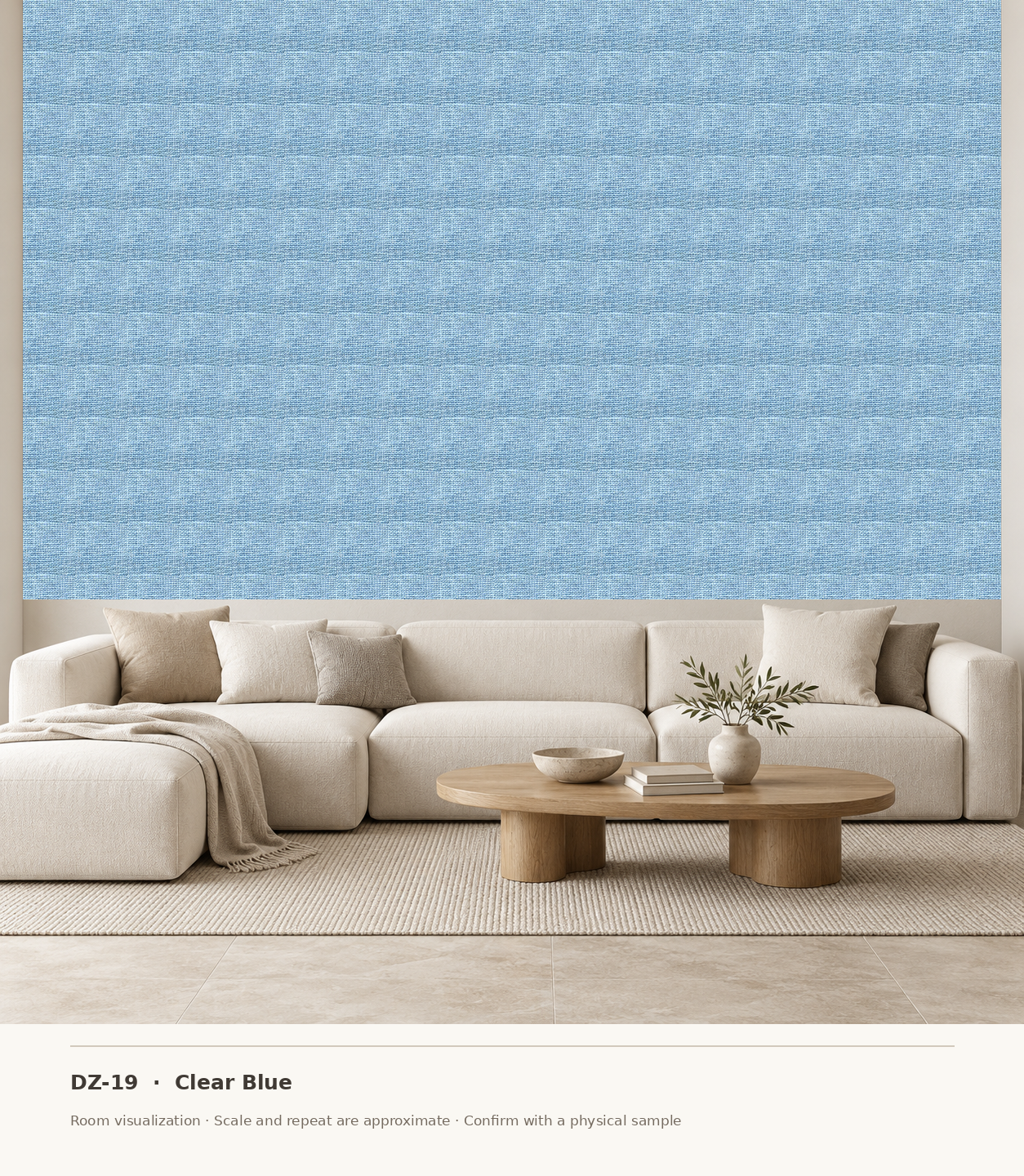 DZ-19 Clear Blue original swatch pixels in a conceptual living room layout