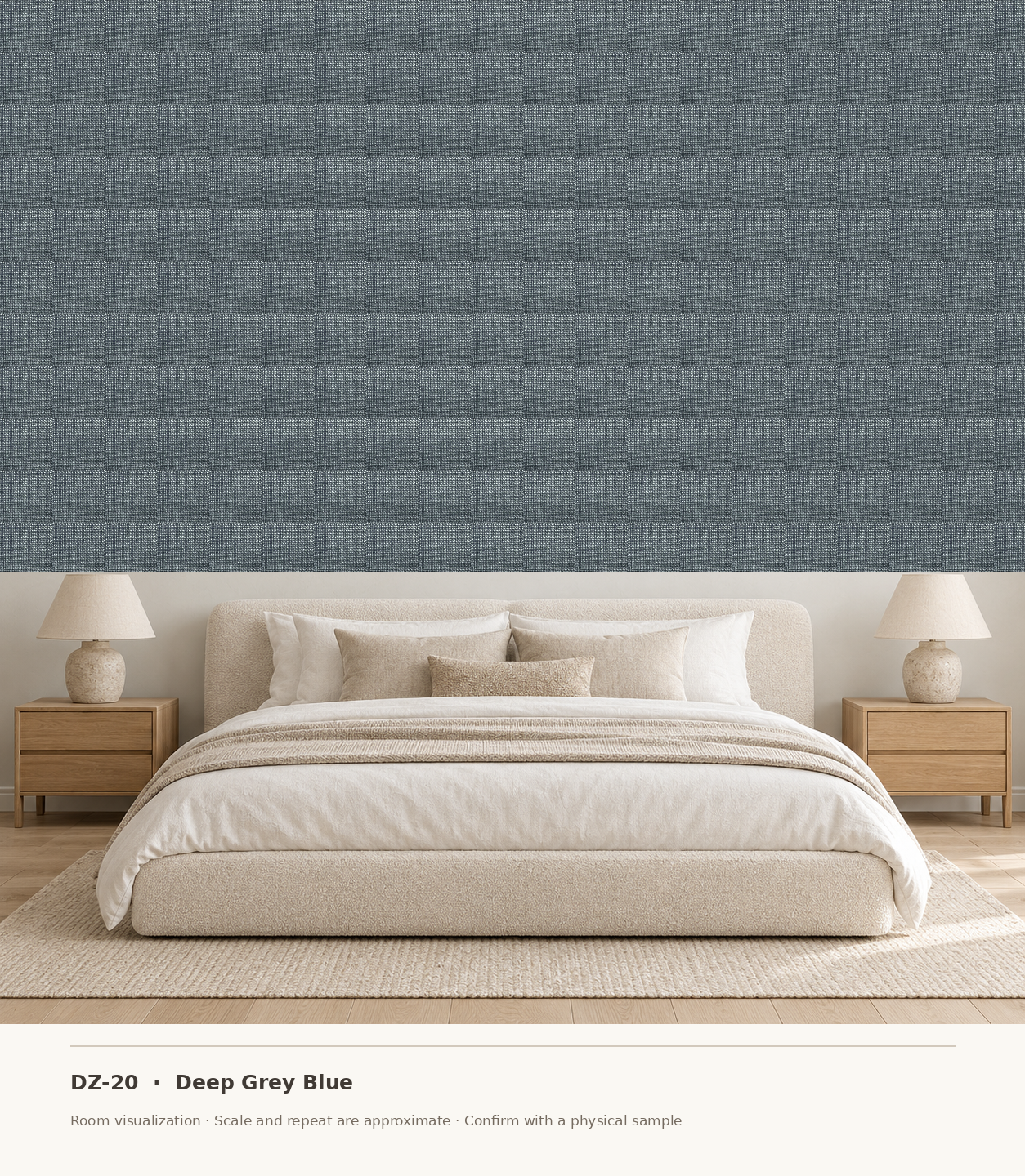 DZ-20 Deep Grey Blue original swatch pixels in a conceptual bedroom room layout