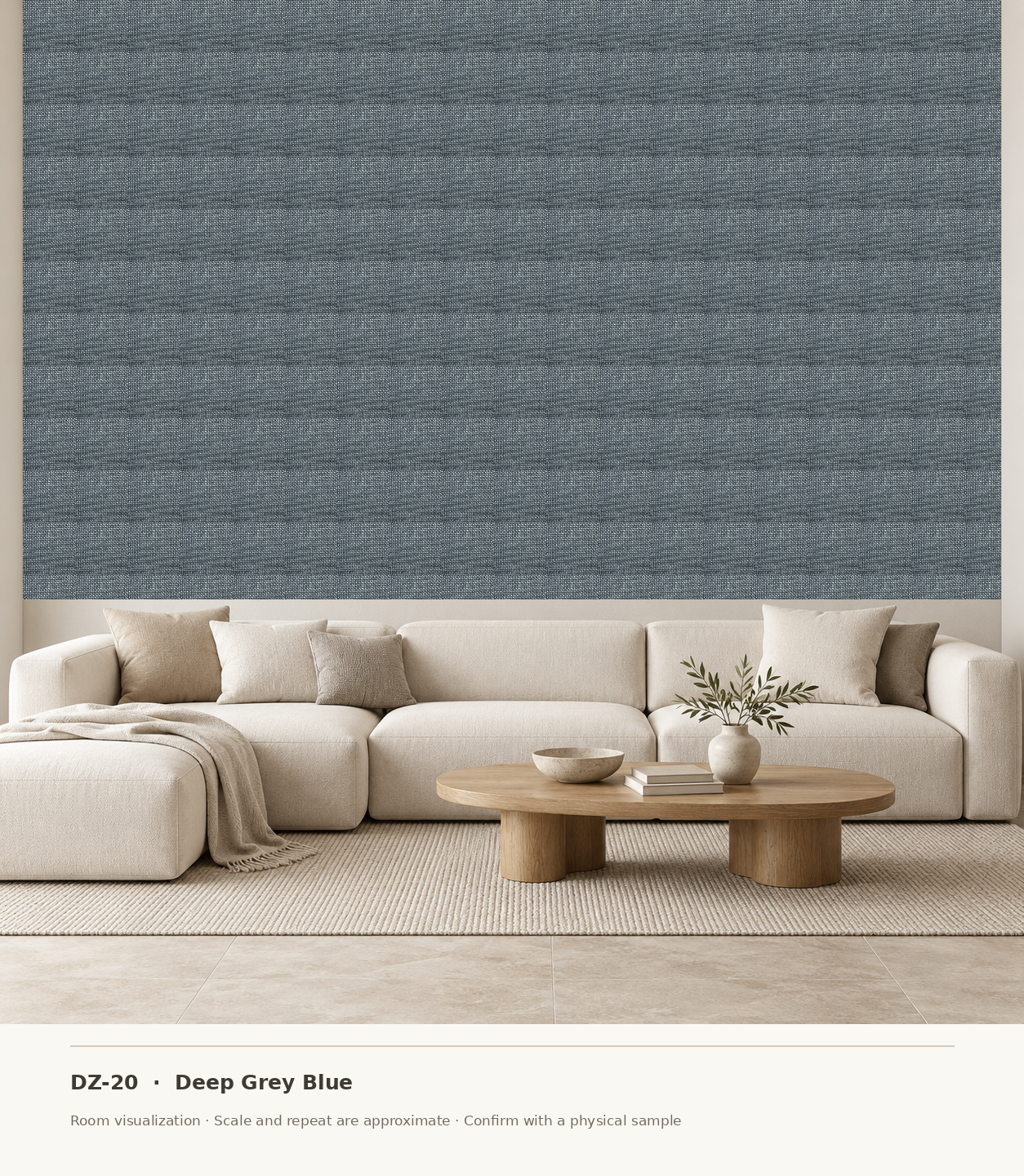 DZ-20 Deep Grey Blue original swatch pixels in a conceptual living room layout