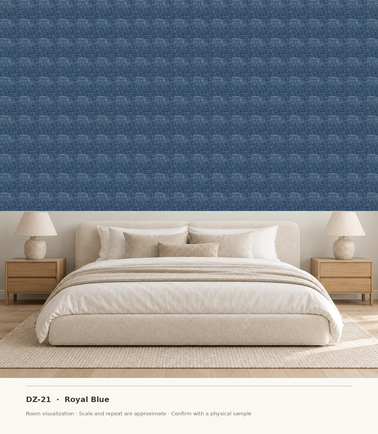 DZ-21 Royal Blue original swatch pixels in a conceptual bedroom room layout