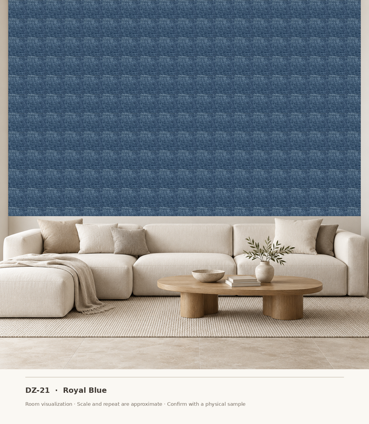 DZ-21 Royal Blue original swatch pixels in a conceptual living room layout