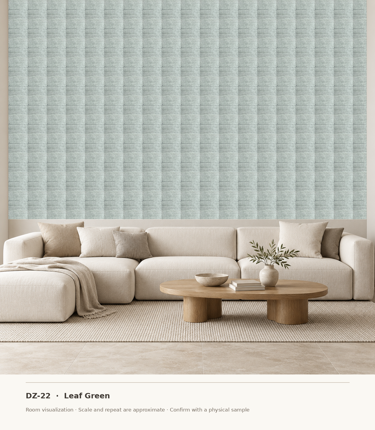 DZ-22 Leaf Green original swatch pixels in a conceptual living room layout