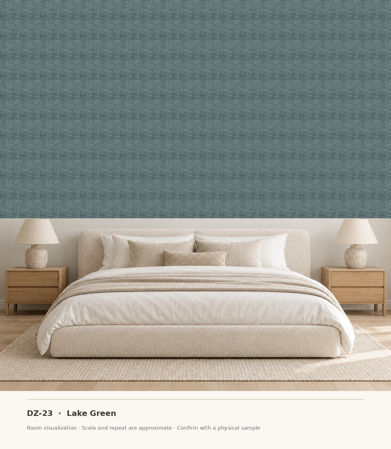 DZ-23 Lake Green original swatch pixels in a conceptual bedroom room layout