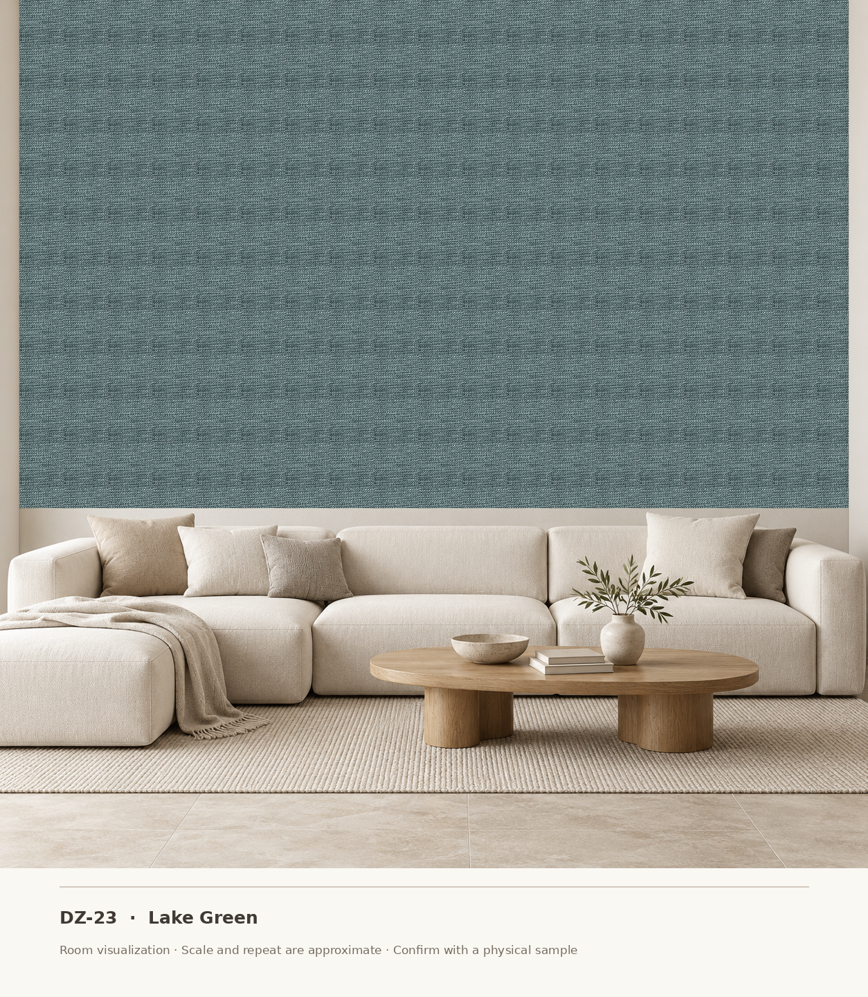 DZ-23 Lake Green original swatch pixels in a conceptual living room layout