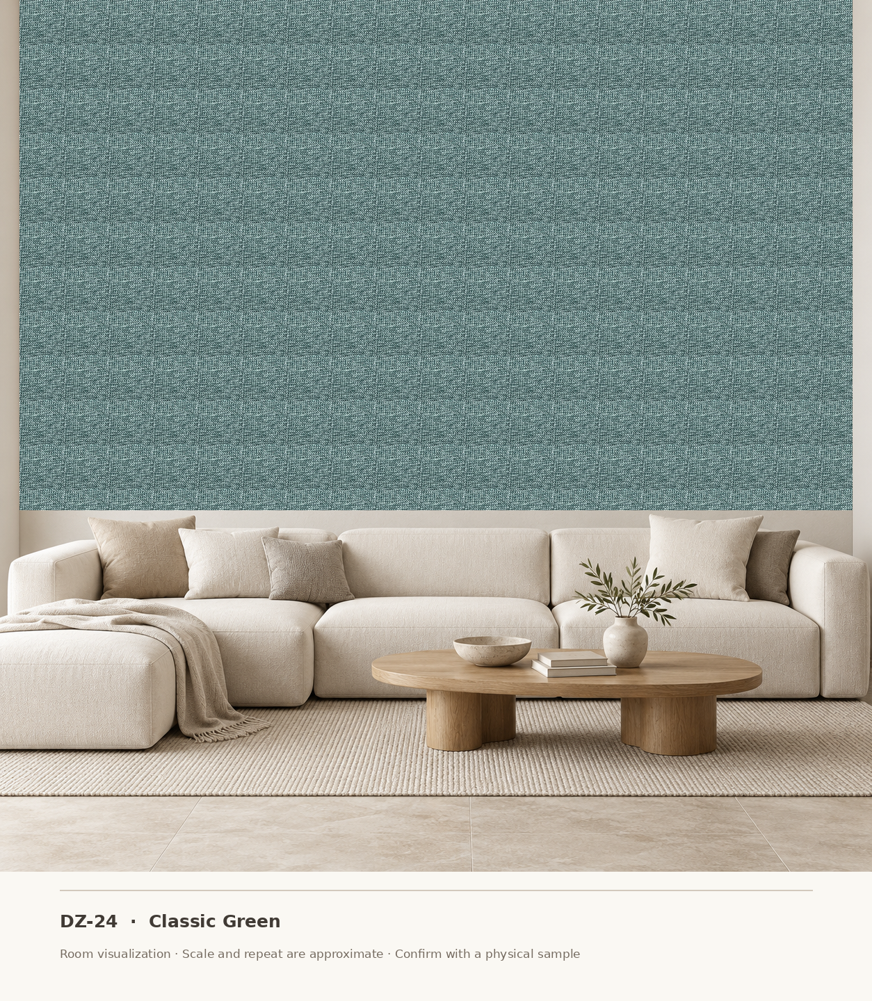 DZ-24 Classic Green original swatch pixels in a conceptual living room layout