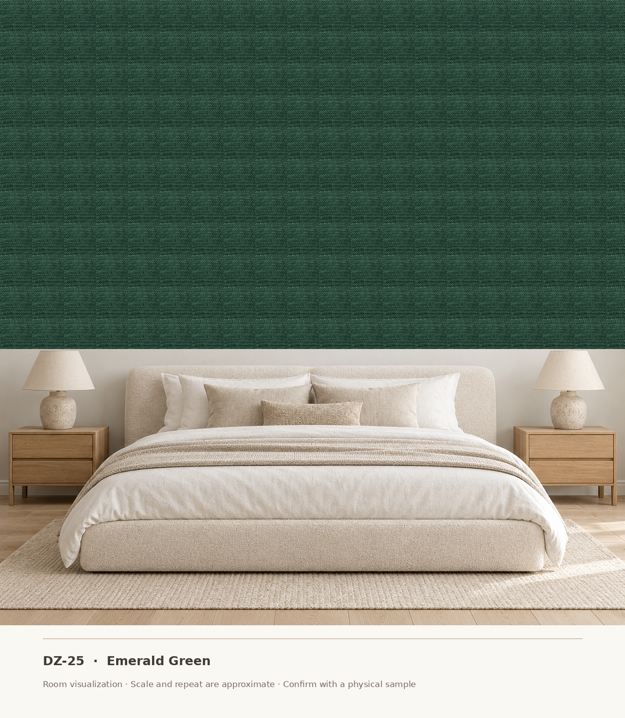 DZ-25 Emerald Green original swatch pixels in a conceptual bedroom room layout