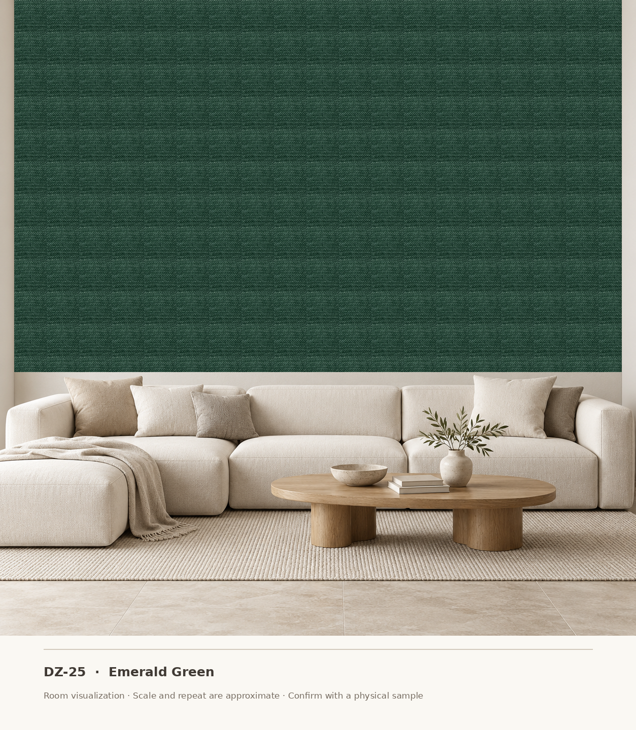 DZ-25 Emerald Green original swatch pixels in a conceptual living room layout