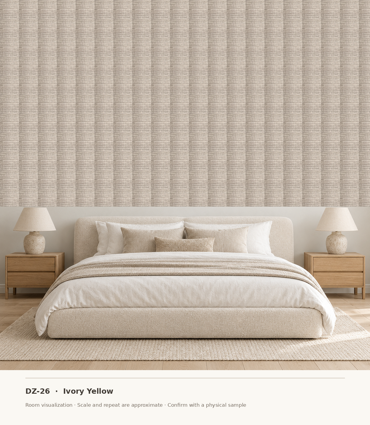 DZ-26 Ivory Yellow original swatch pixels in a conceptual bedroom room layout