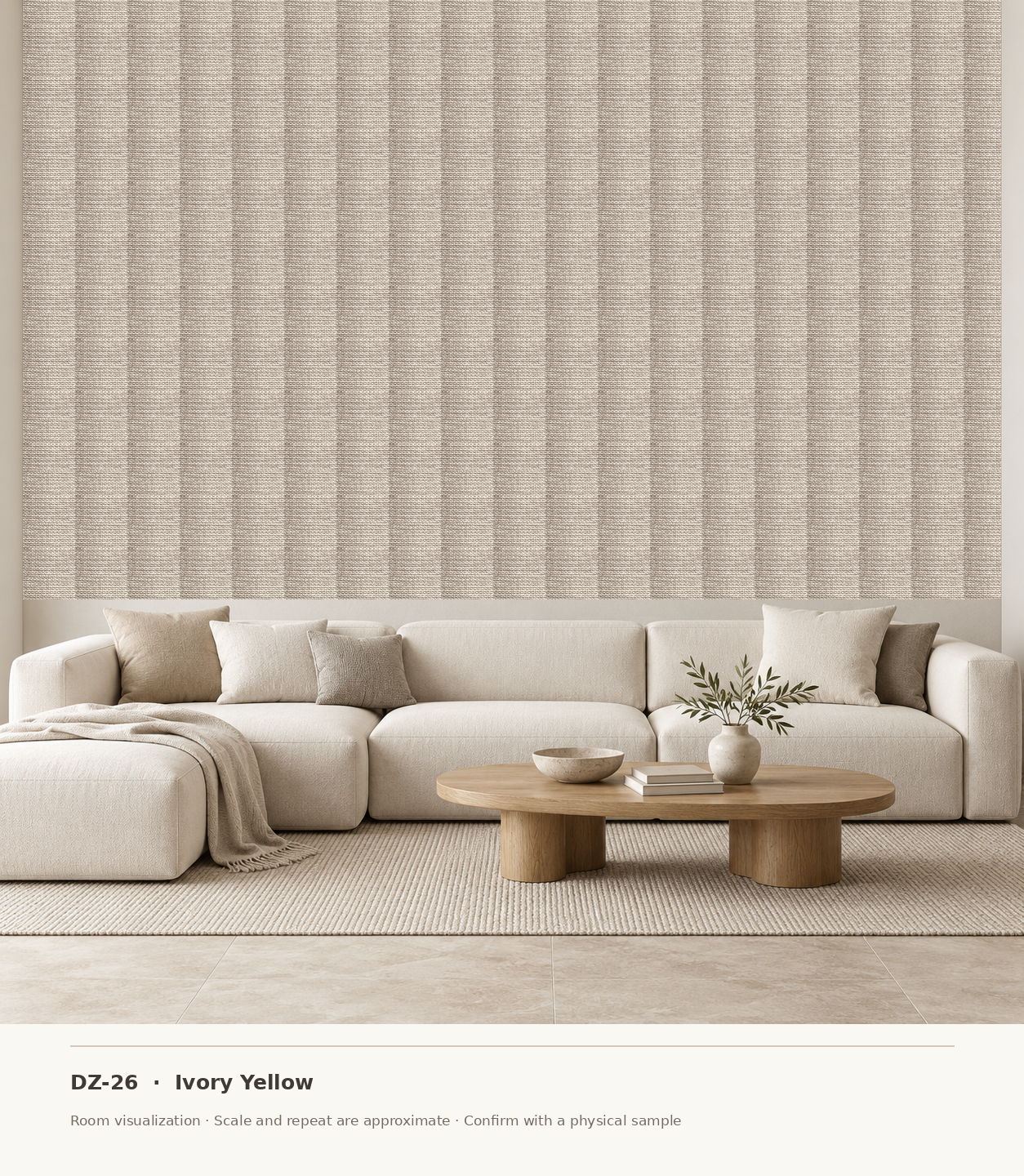 DZ-26 Ivory Yellow original swatch pixels in a conceptual living room layout