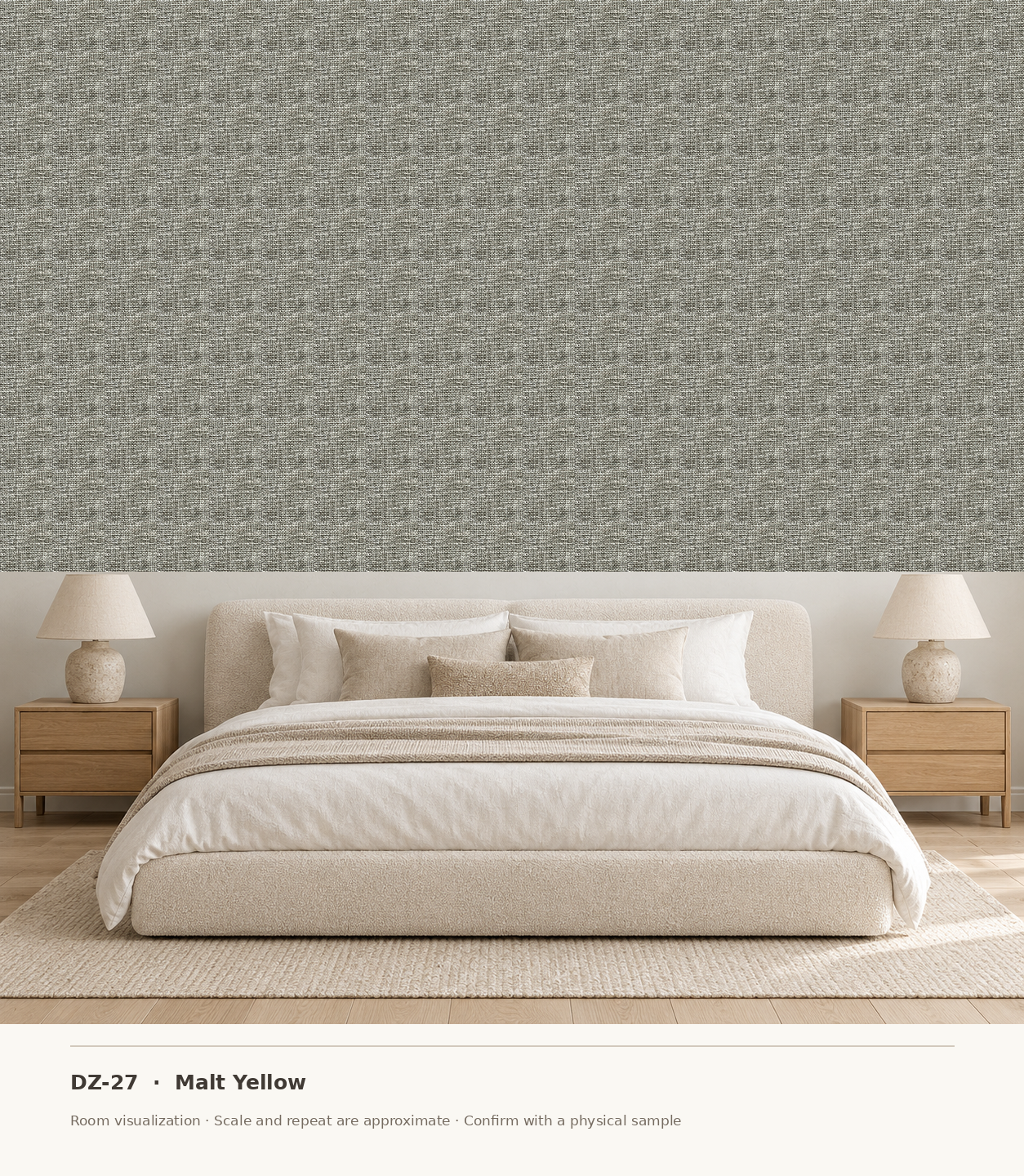 DZ-27 Malt Yellow original swatch pixels in a conceptual bedroom room layout