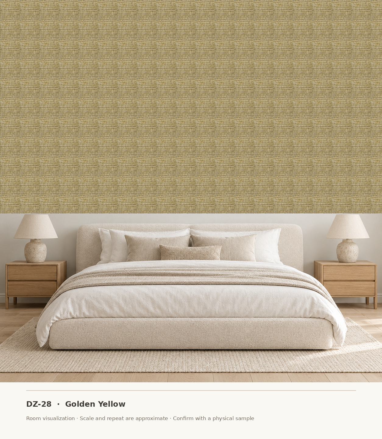 DZ-28 Golden Yellow original swatch pixels in a conceptual bedroom room layout