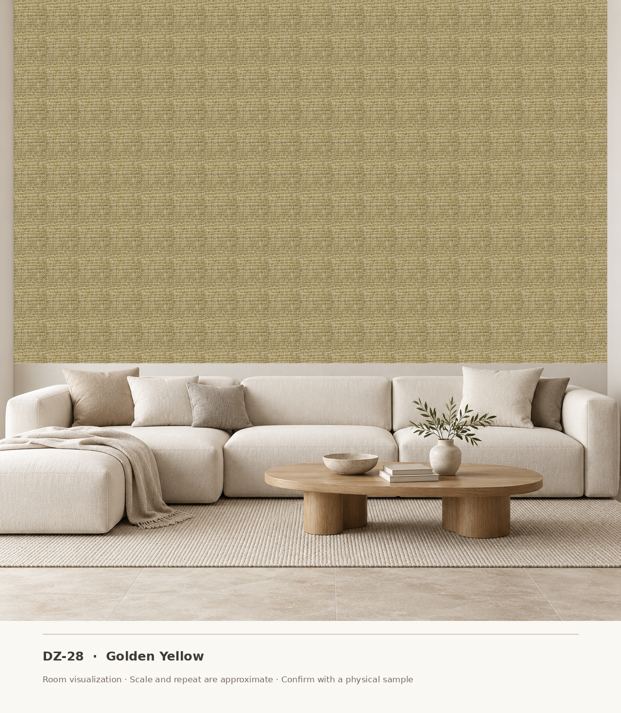 DZ-28 Golden Yellow original swatch pixels in a conceptual living room layout