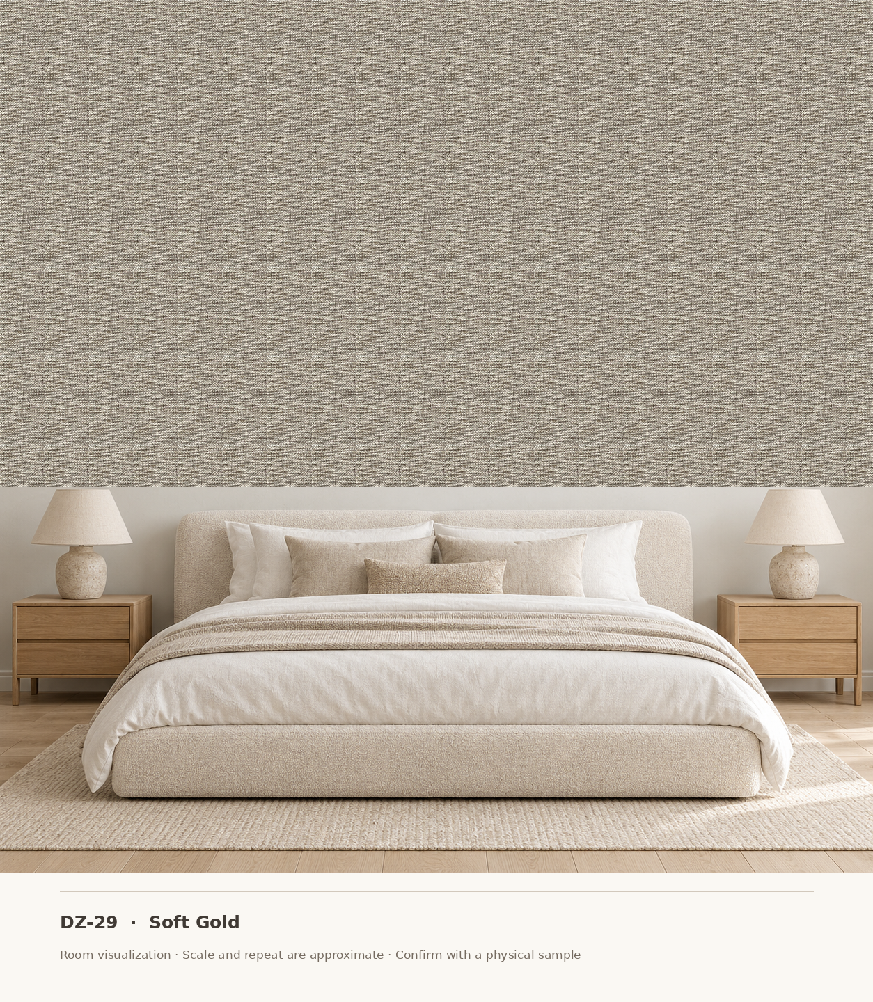 DZ-29 Soft Gold original swatch pixels in a conceptual bedroom room layout