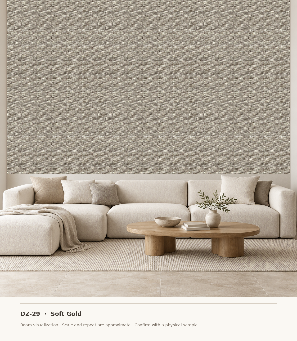 DZ-29 Soft Gold original swatch pixels in a conceptual living room layout