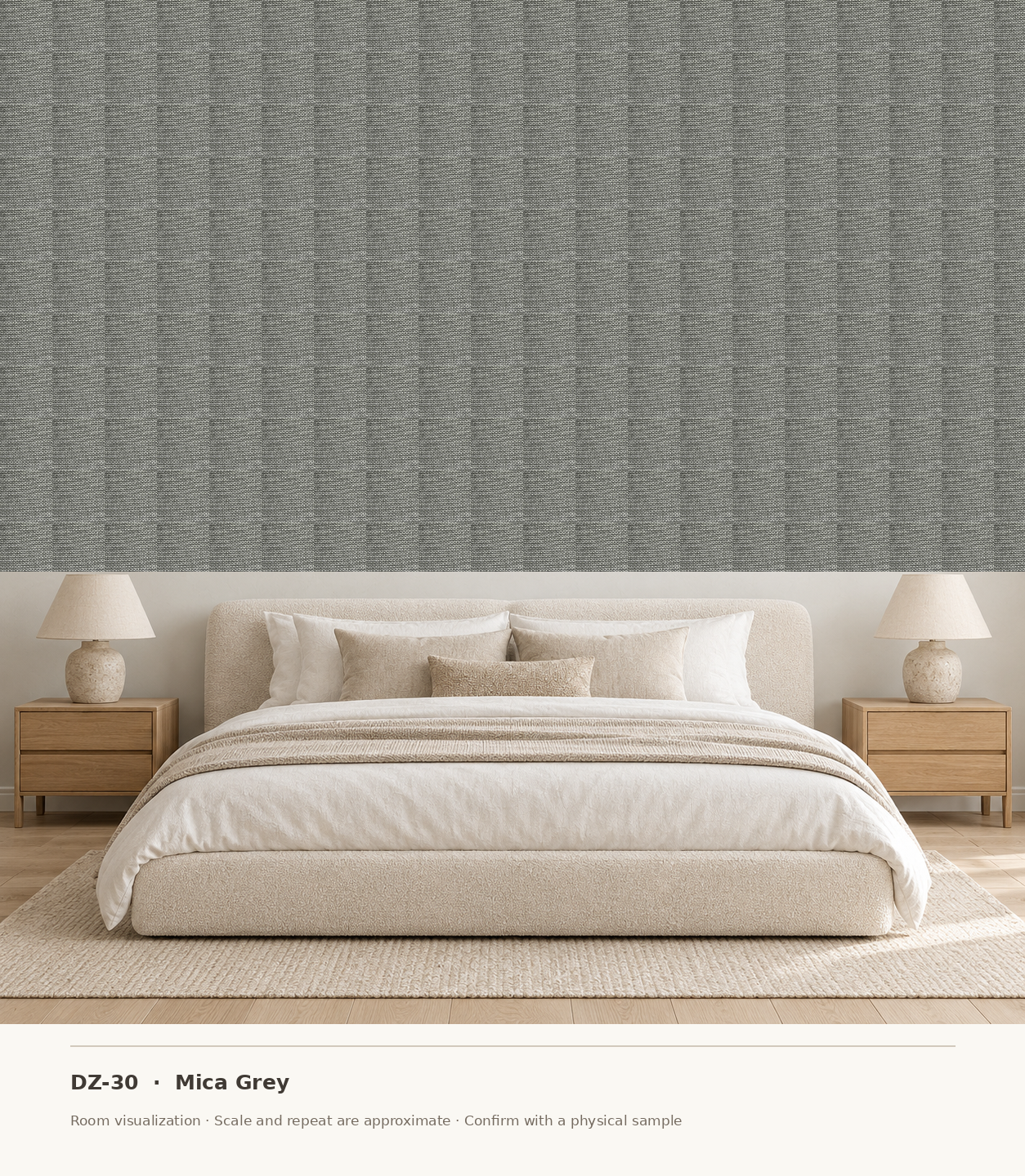 DZ-30 Mica Grey original swatch pixels in a conceptual bedroom room layout