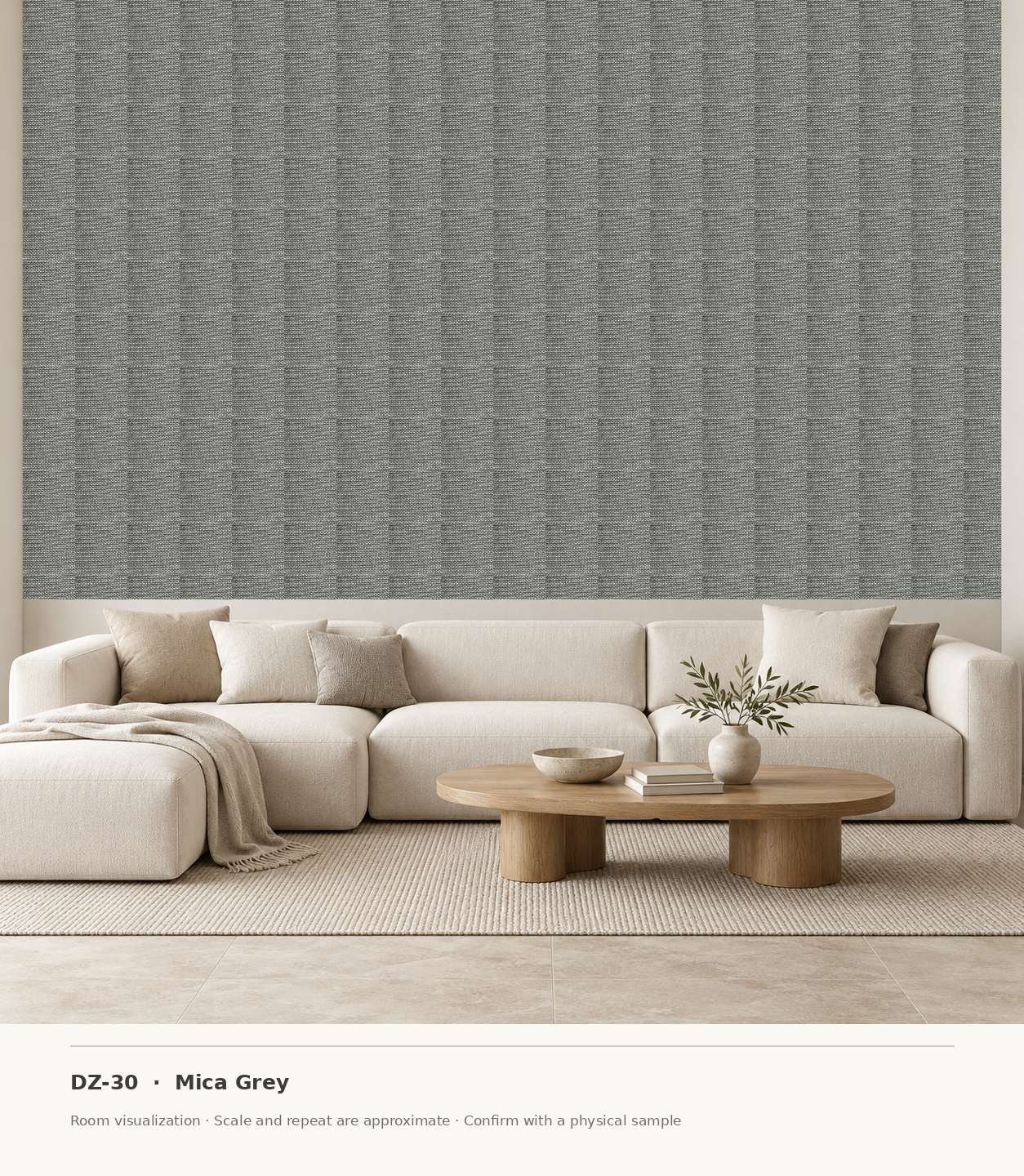 DZ-30 Mica Grey original swatch pixels in a conceptual living room layout