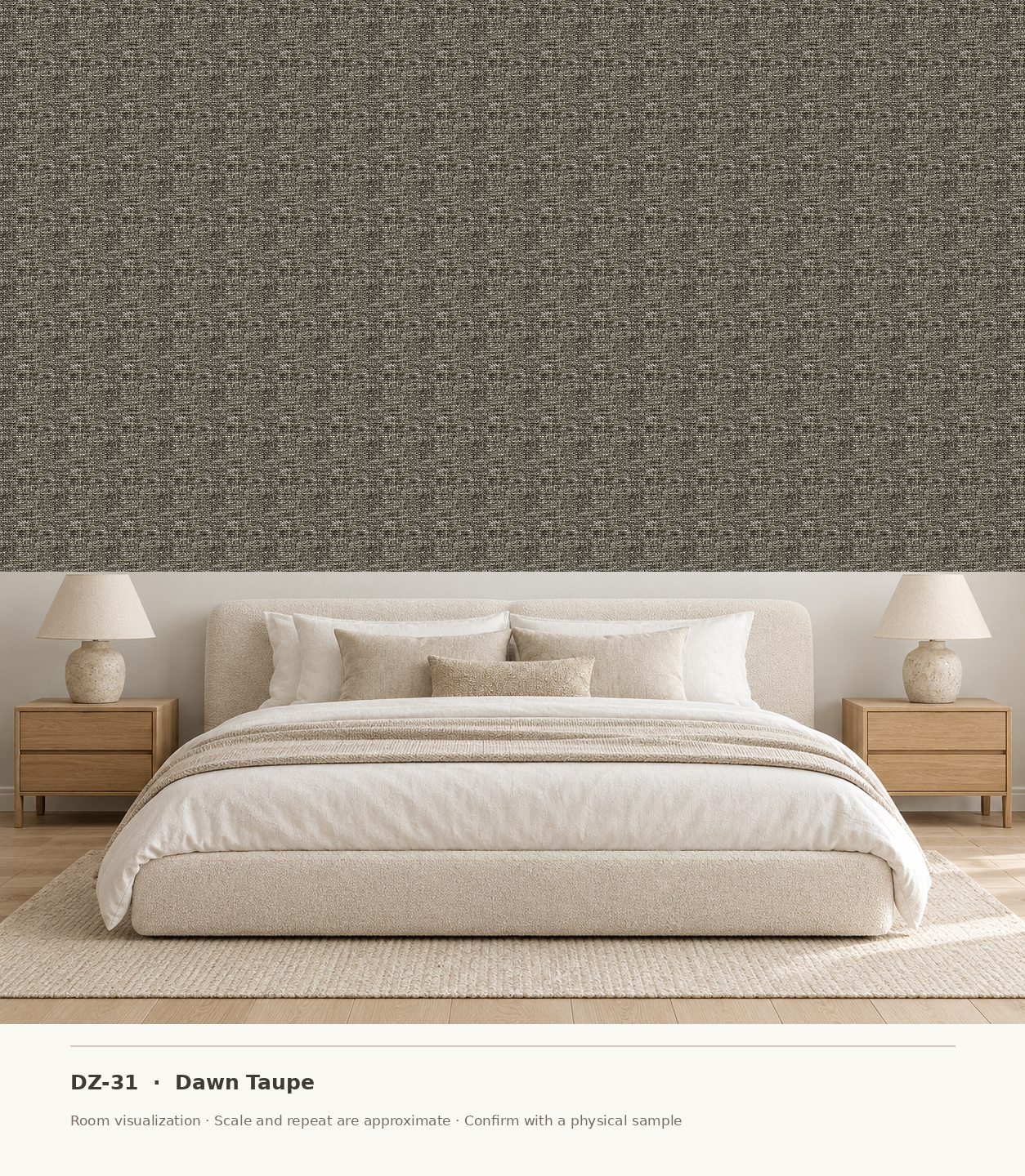 DZ-31 Dawn Taupe original swatch pixels in a conceptual bedroom room layout
