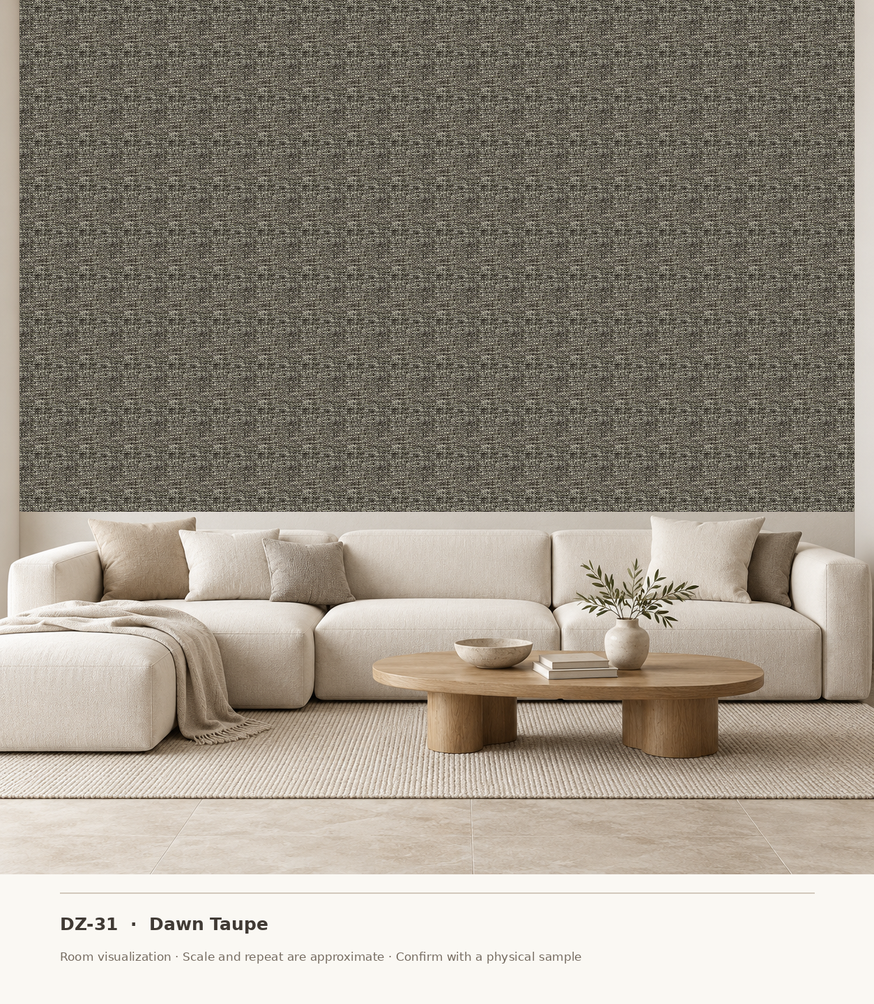 DZ-31 Dawn Taupe original swatch pixels in a conceptual living room layout