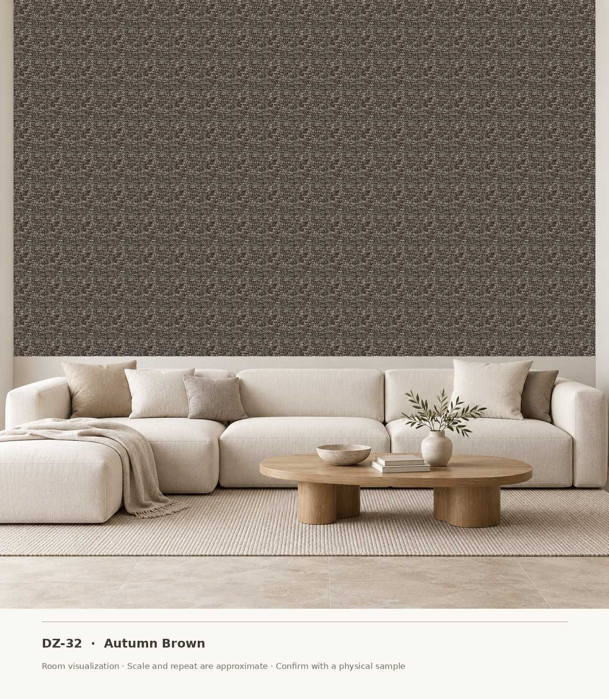 DZ-32 Autumn Brown original swatch pixels in a conceptual living room layout