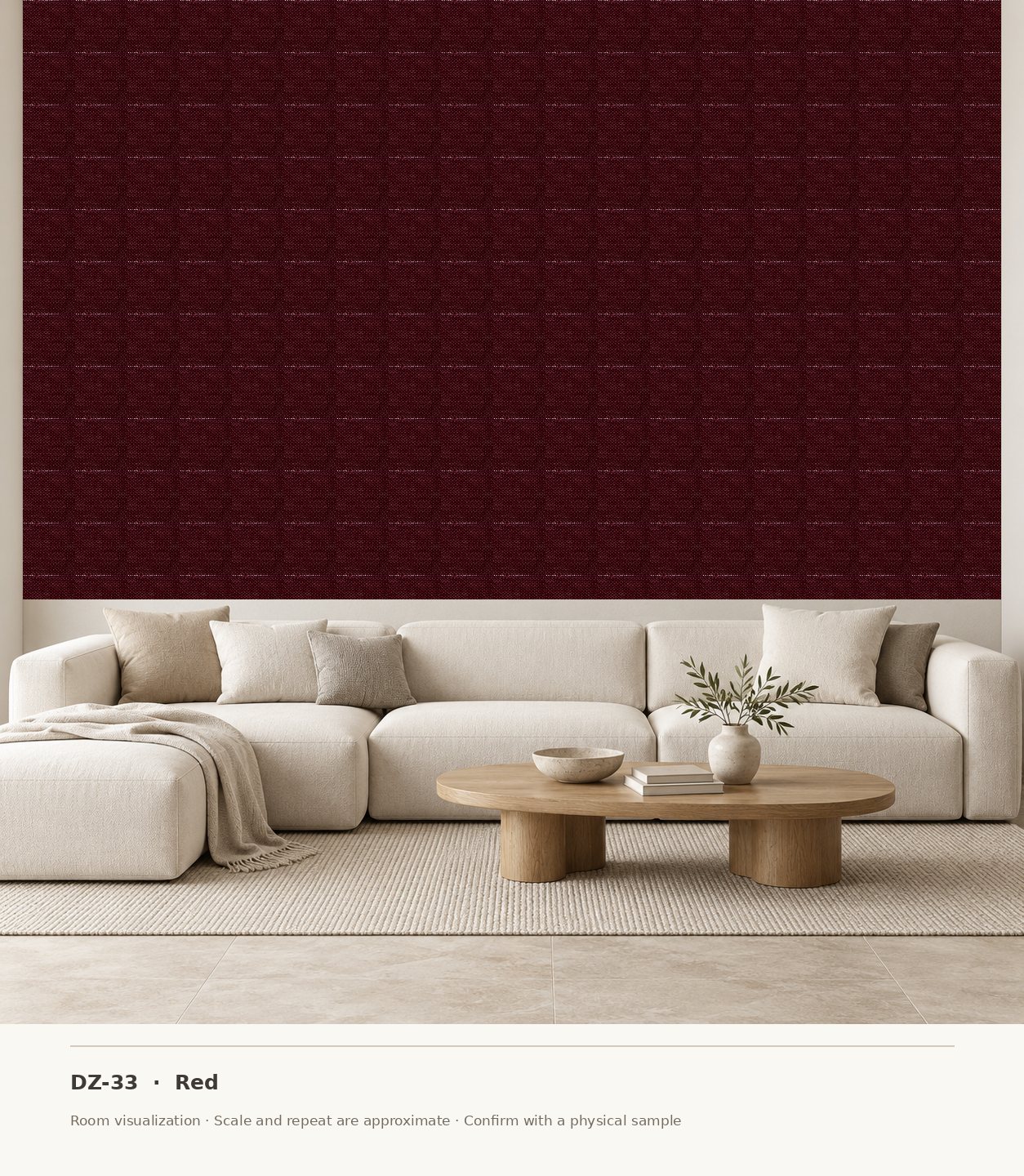 DZ-33 Red original swatch pixels in a conceptual living room layout