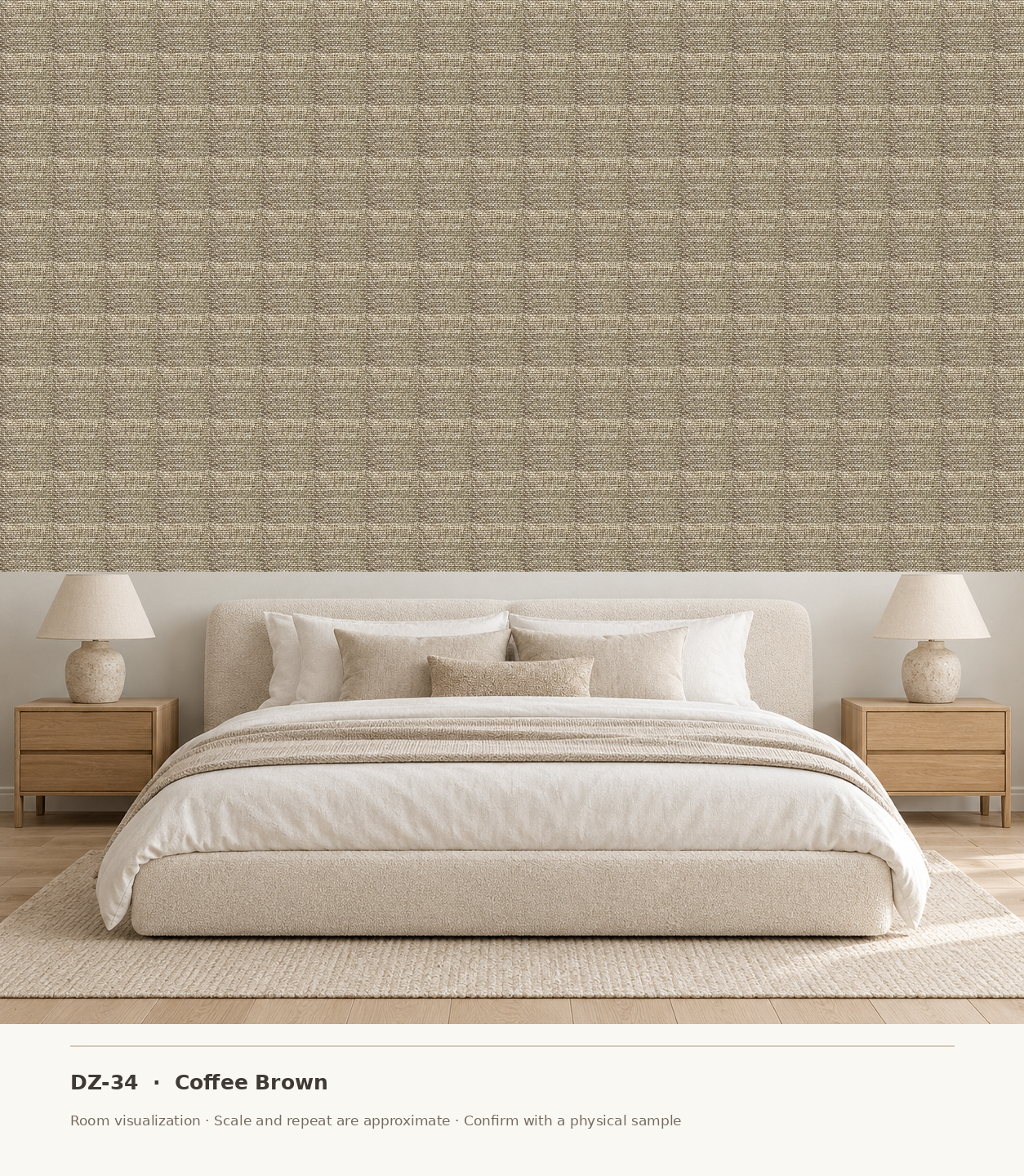 DZ-34 Coffee Brown original swatch pixels in a conceptual bedroom room layout