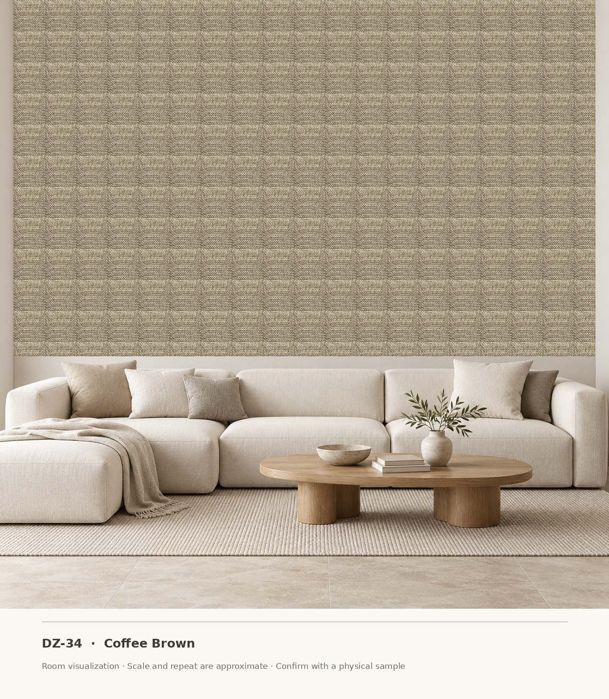 DZ-34 Coffee Brown original swatch pixels in a conceptual living room layout