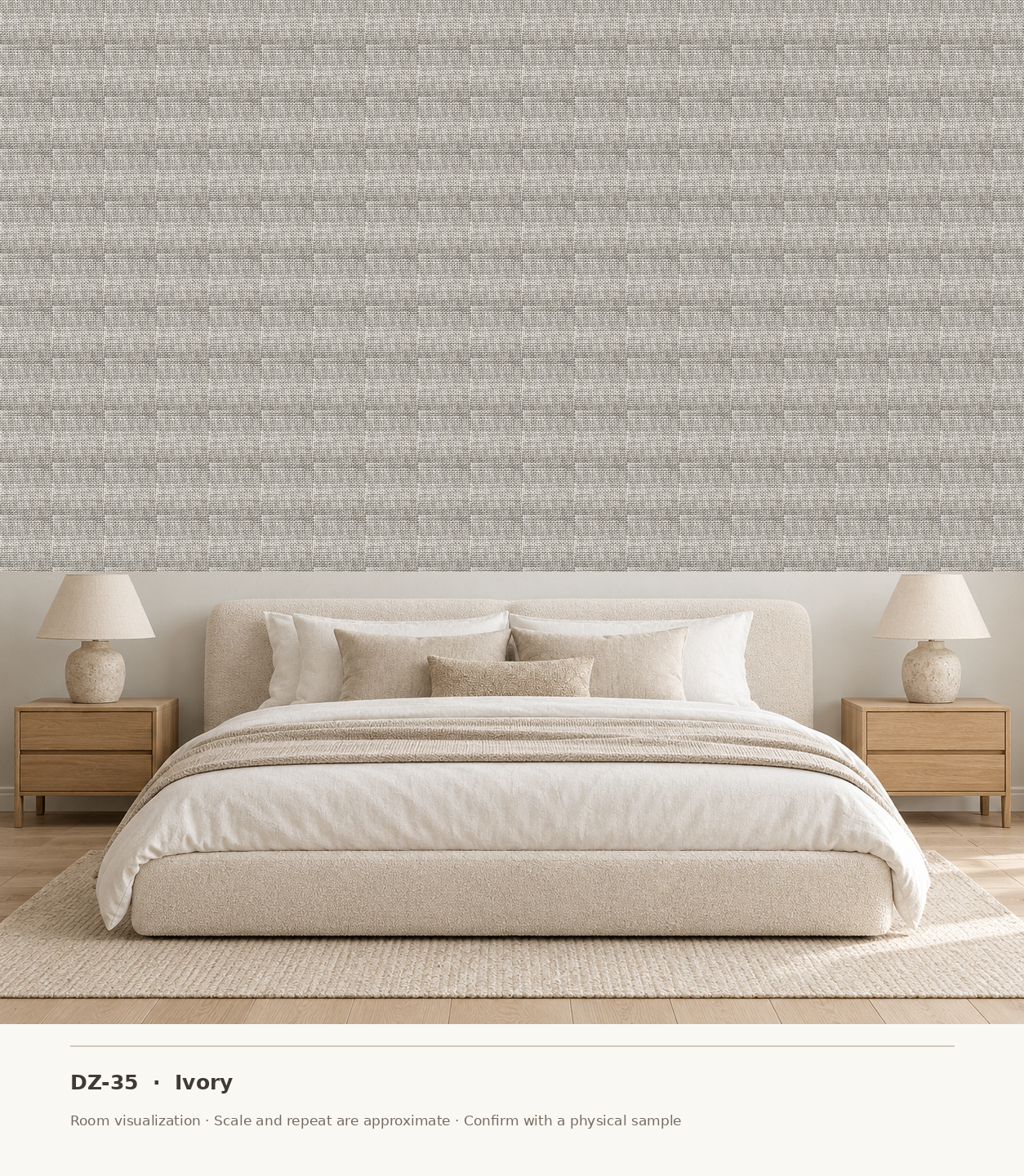DZ-35 Ivory original swatch pixels in a conceptual bedroom room layout
