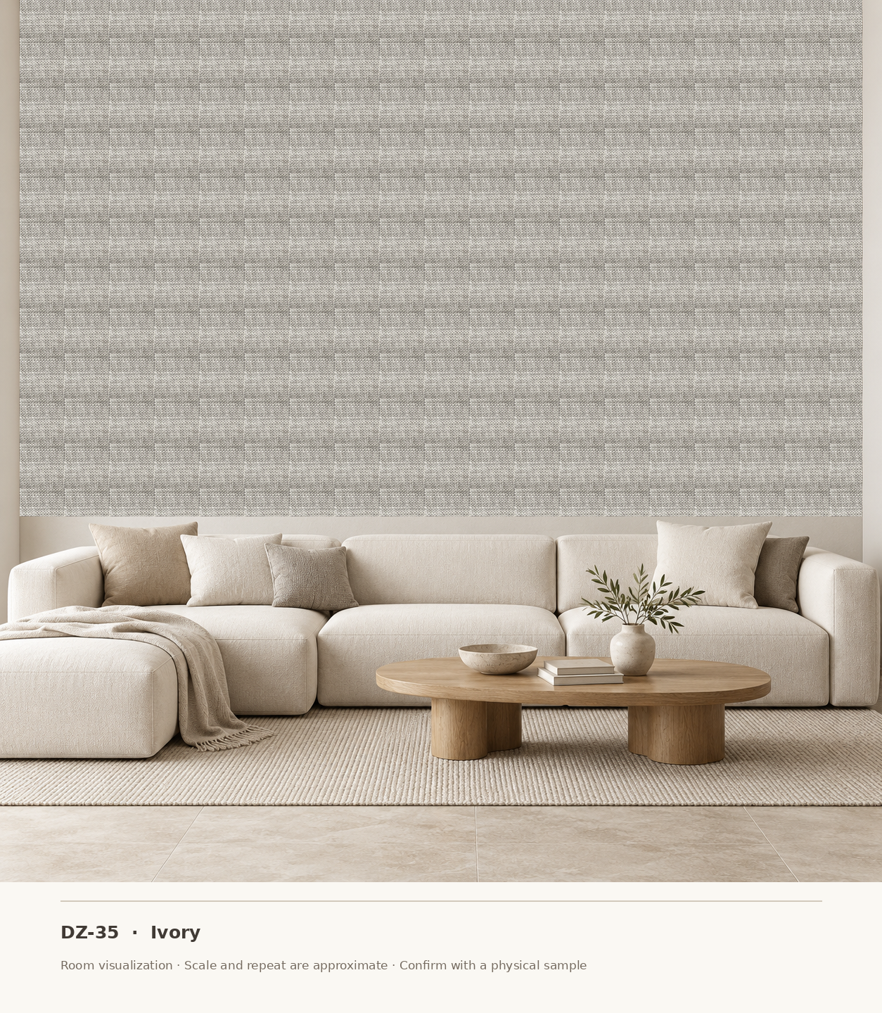 DZ-35 Ivory original swatch pixels in a conceptual living room layout