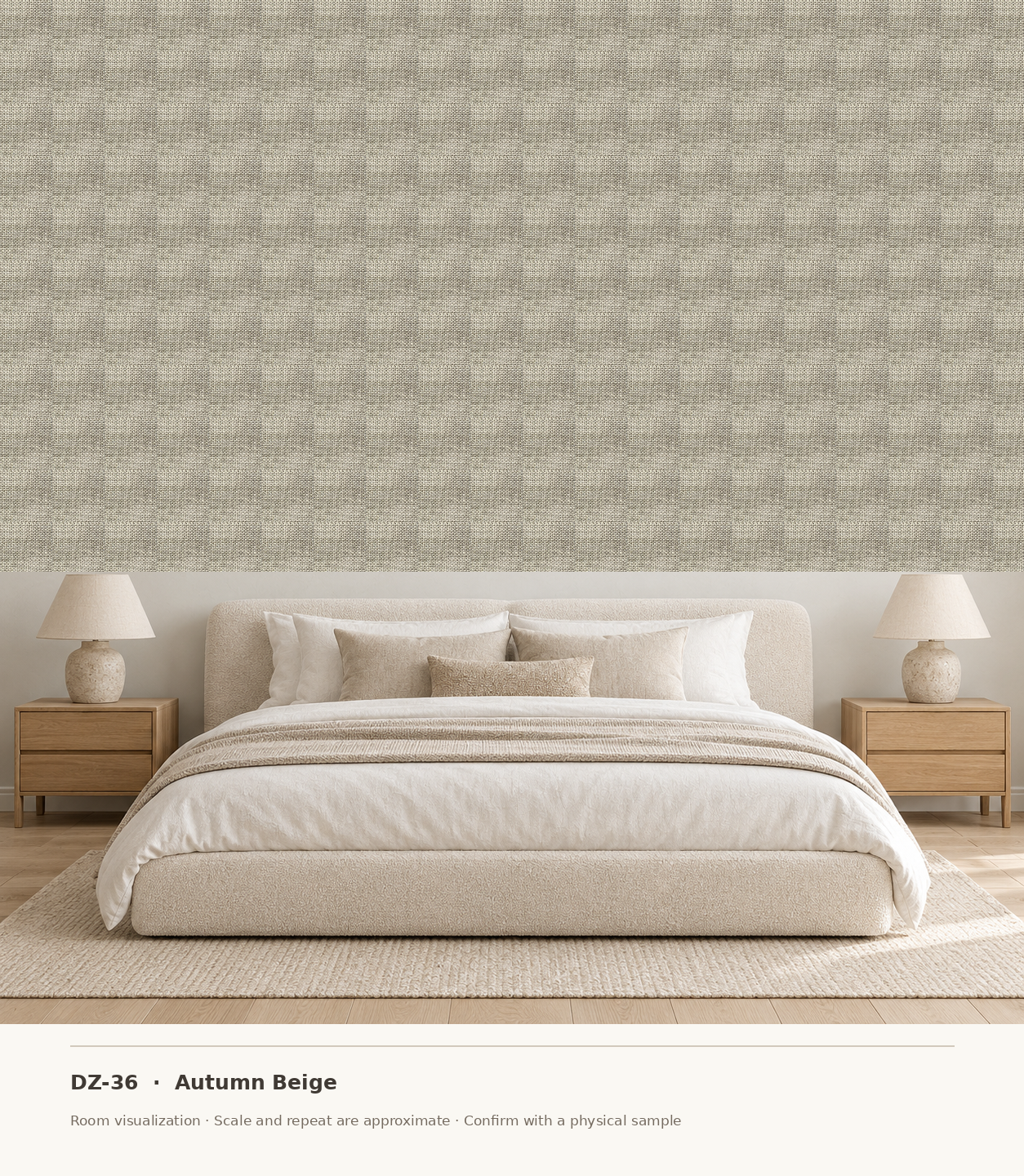 DZ-36 Autumn Beige original swatch pixels in a conceptual bedroom room layout