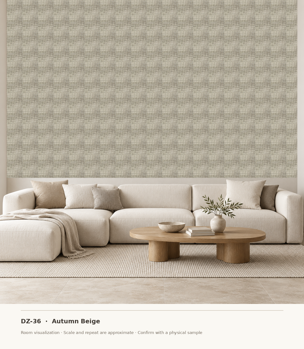DZ-36 Autumn Beige original swatch pixels in a conceptual living room layout