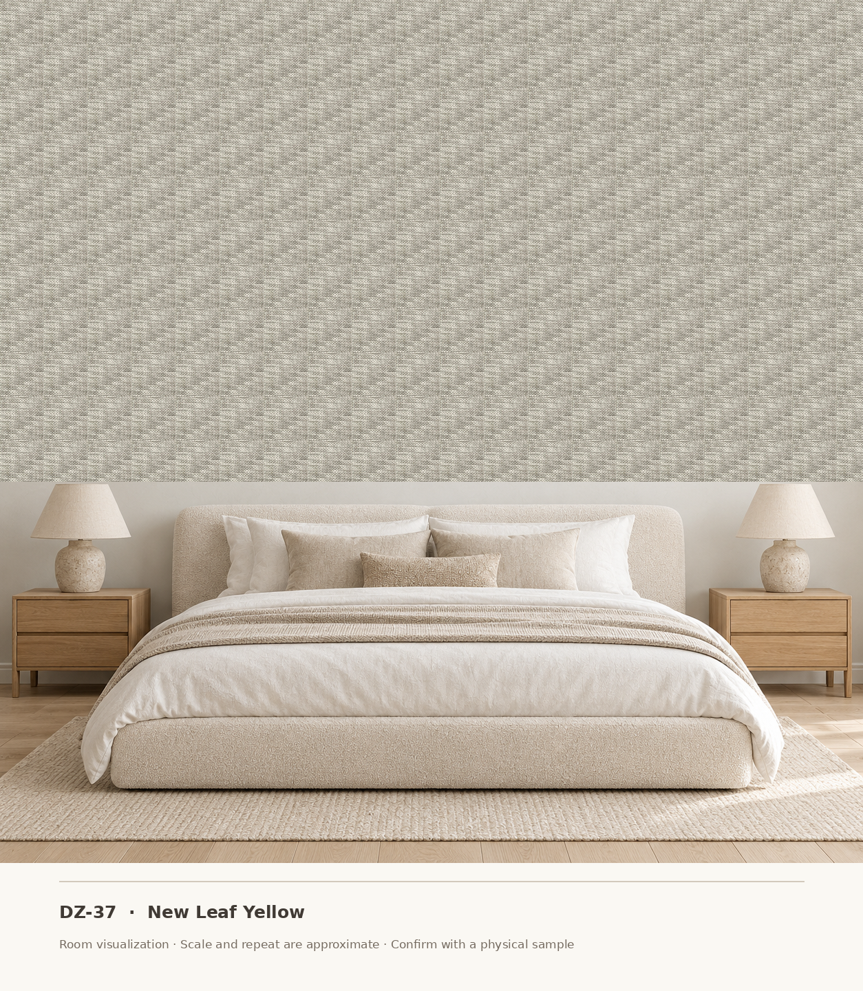 DZ-37 New Leaf Yellow original swatch pixels in a conceptual bedroom room layout