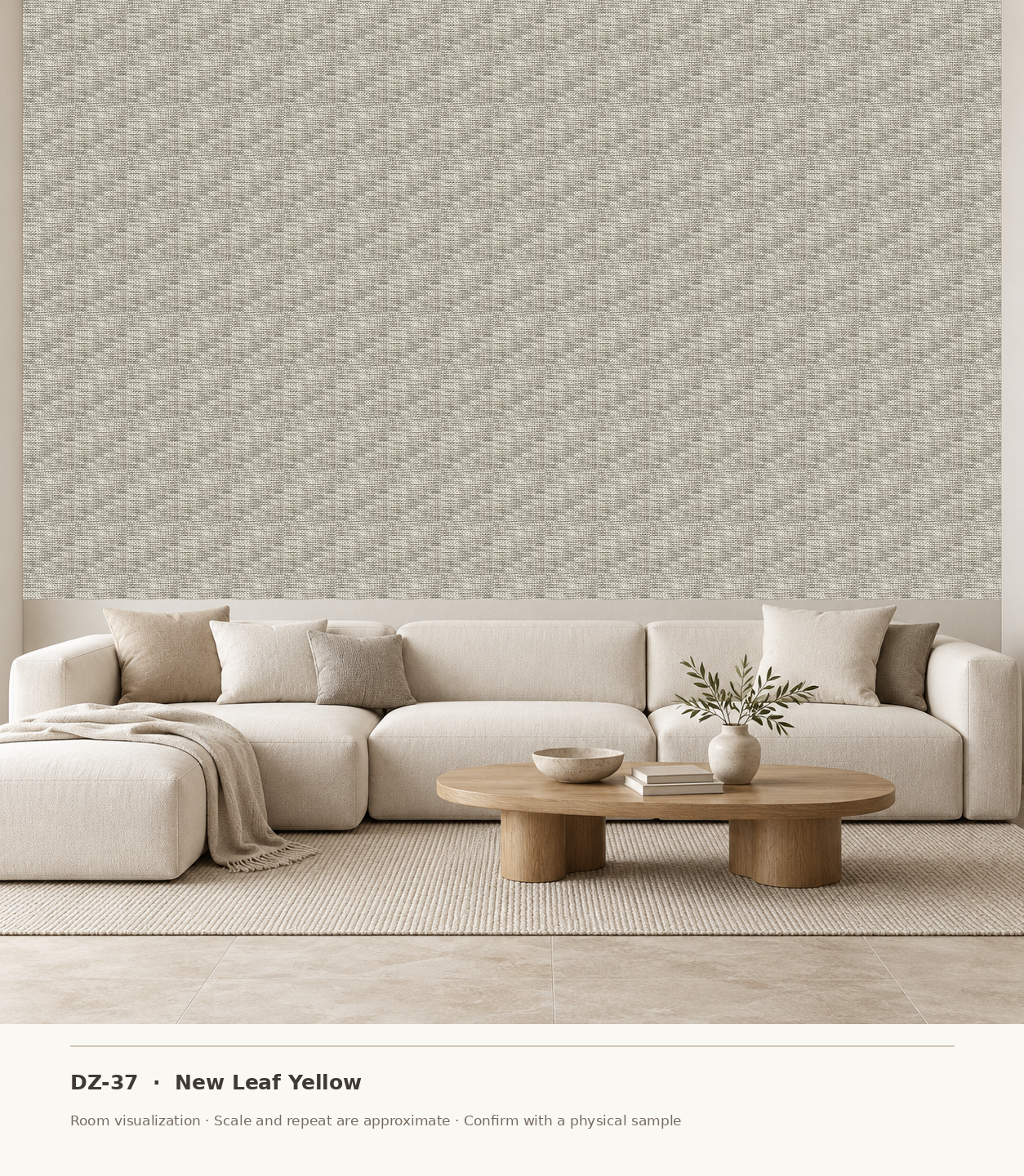 DZ-37 New Leaf Yellow original swatch pixels in a conceptual living room layout