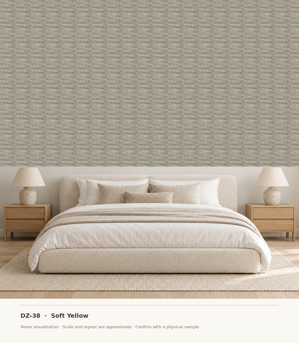 DZ-38 Soft Yellow original swatch pixels in a conceptual bedroom room layout