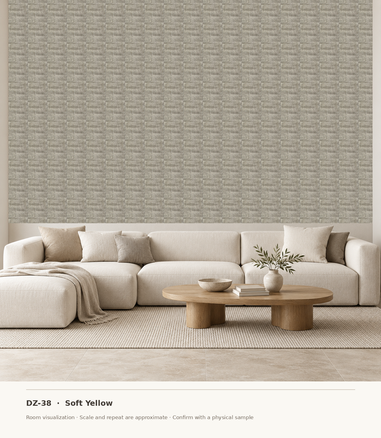 DZ-38 Soft Yellow original swatch pixels in a conceptual living room layout