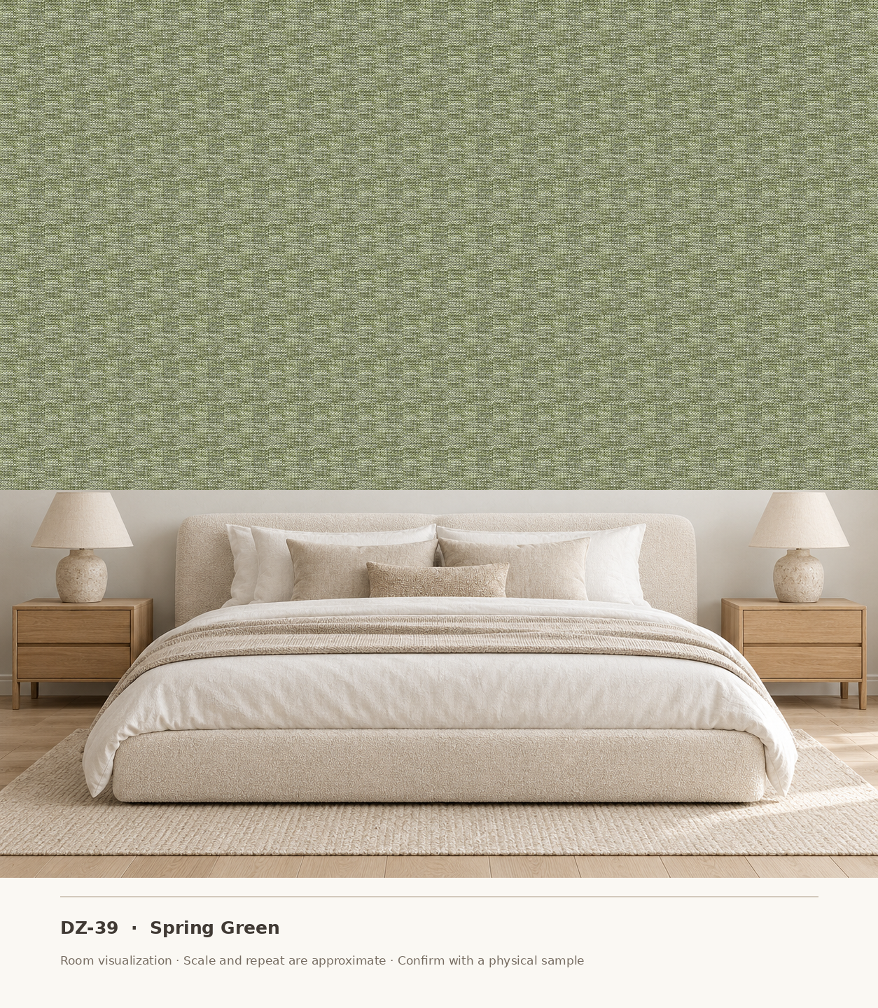 DZ-39 Spring Green original swatch pixels in a conceptual bedroom room layout